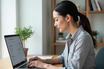 Femme paramétrant les notifications de son espace personnel myPrimobox sur un ordinateur portable dans un bureau à domicile moderne