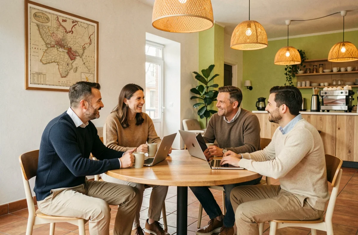 Groupe de professionnels en pause café dans le salon communal d'un espace de coworking à Beaune