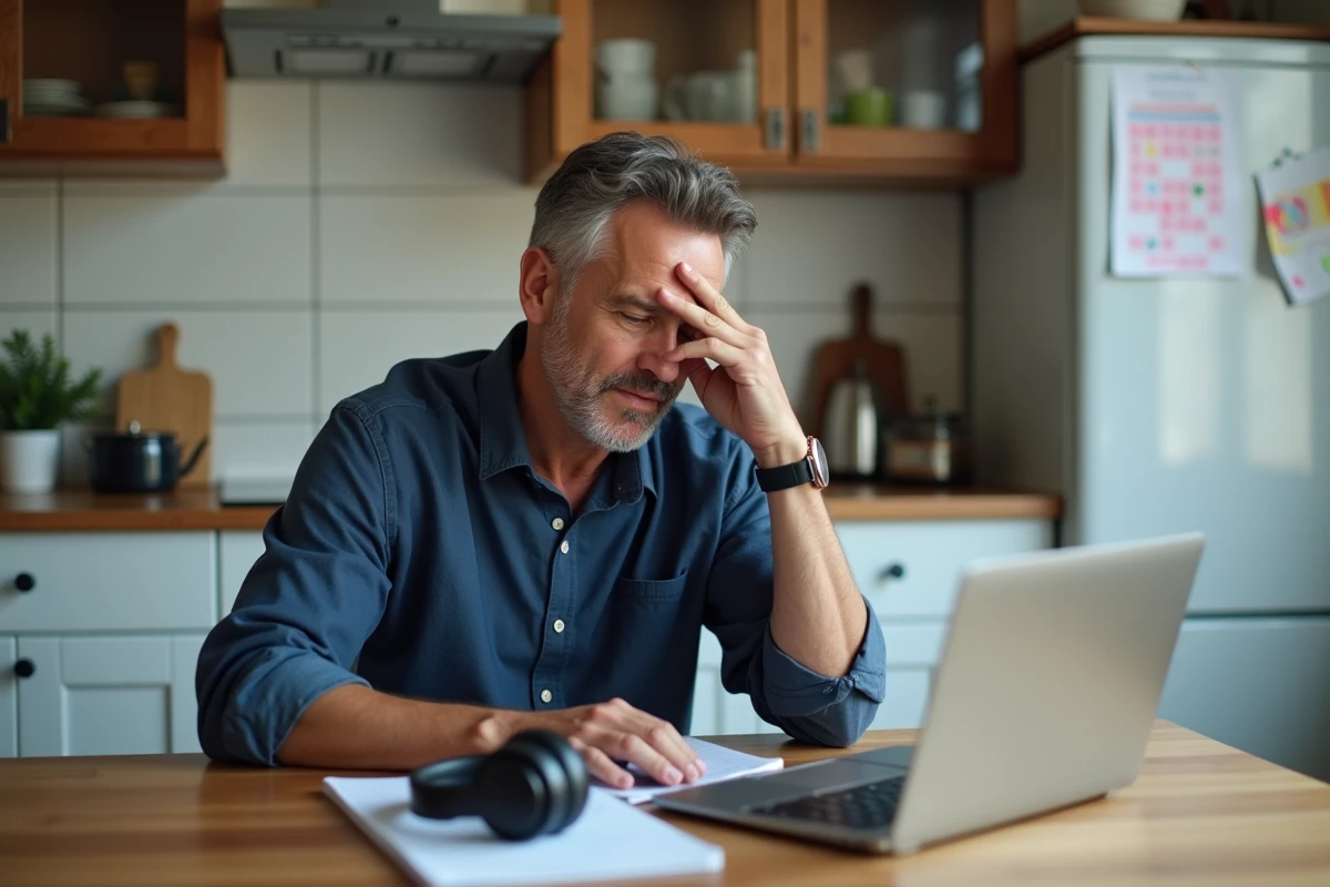 Père en full remote gérant son stress au quotidien dans une cuisine aménagée en espace de travail avec planning familial affiché