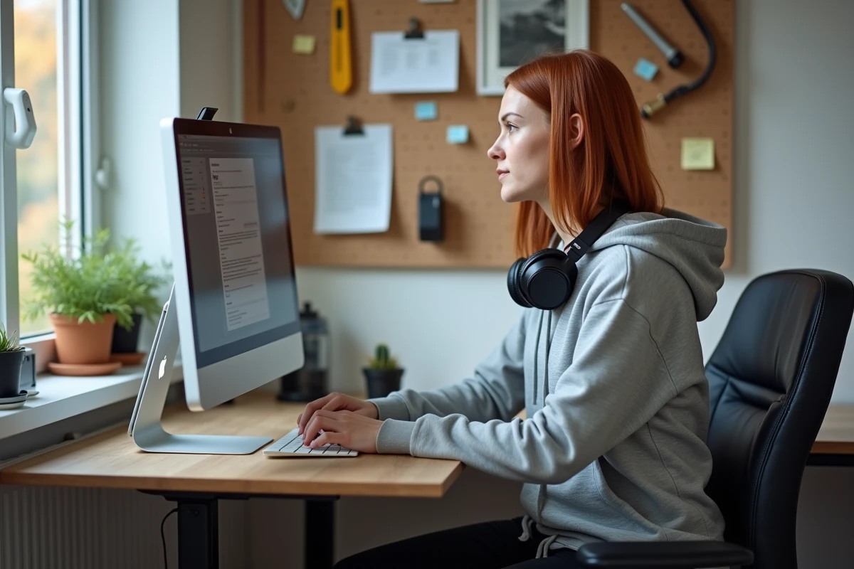 Personne introvertie en télétravail à domicile avec double écran dans un espace bureau organisé et minimaliste