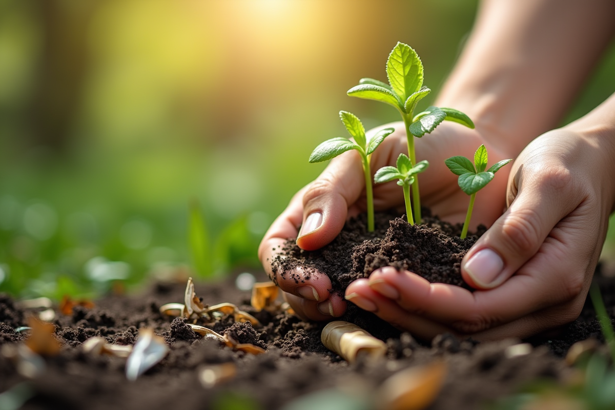 Mains plantant des jeunes pousses dans un sol recyclé en plein air