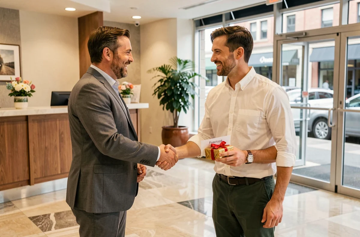 Deux collègues masculins échangeant une poignée de main chaleureuse lors d'un départ professionnel dans un hall d'entreprise