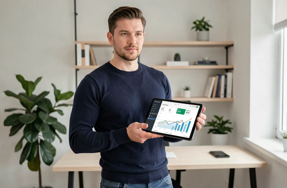 Professionnel autonome consultant un tableau de bord numérique sur tablette depuis son bureau à domicile, représentant l'apprentissage flexible proposé par les instituts de commerce en ligne face aux écoles traditionnelles