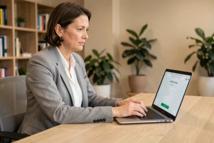 Professionnelle assise à son bureau remplissant un formulaire de contact en ligne sur un ordinateur portable dans un bureau moderne