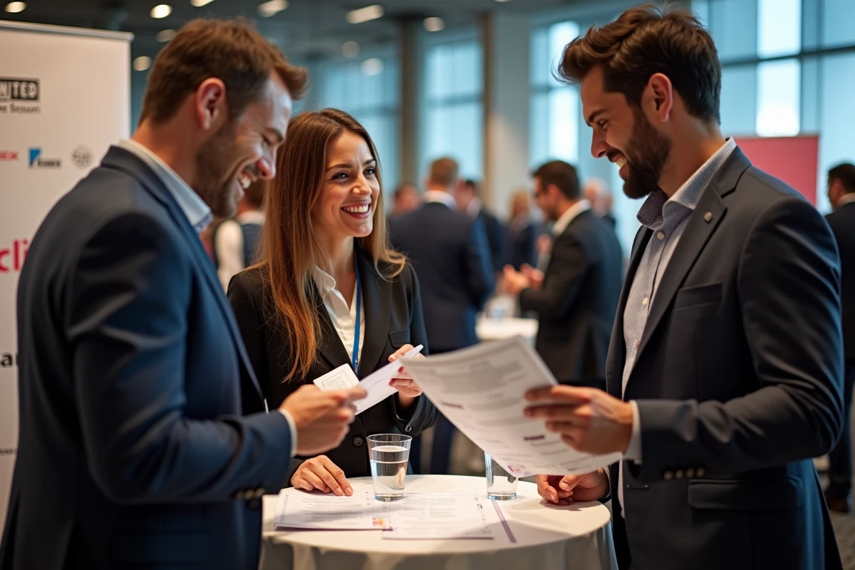 Groupe de professionnels consultant le programme d'un événement d'entreprise lors d'un salon networking