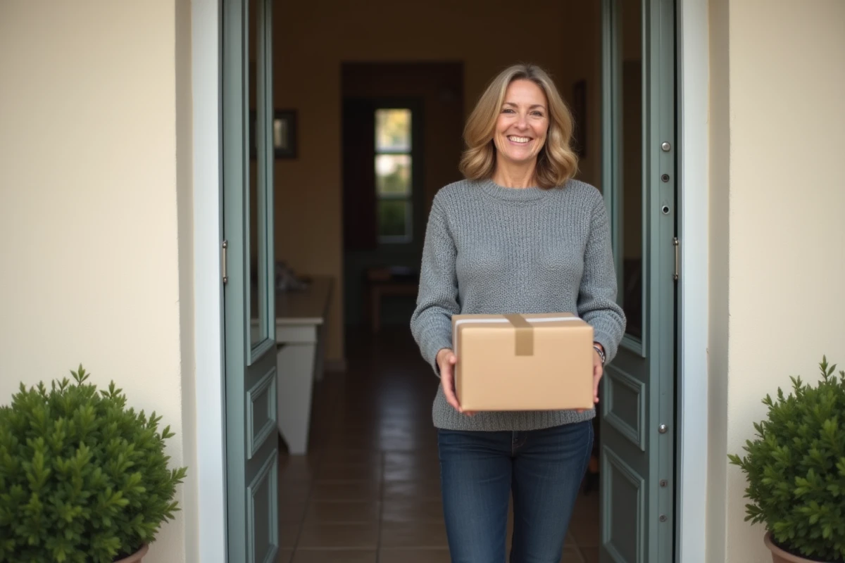 Femme recevant un colis à sa porte d'entrée après livraison acheminée via le hub logistique de Lieusaint