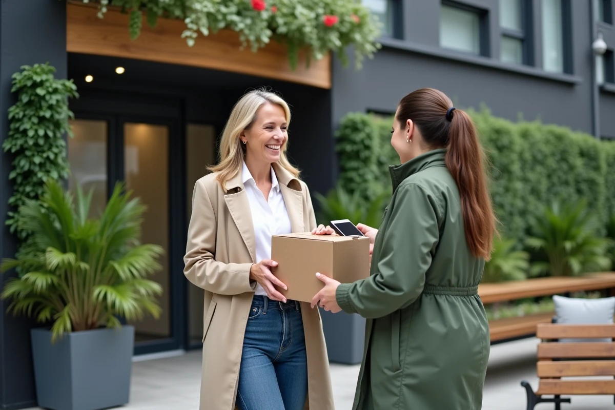 Femme recevant un colis dans une entrée écologique