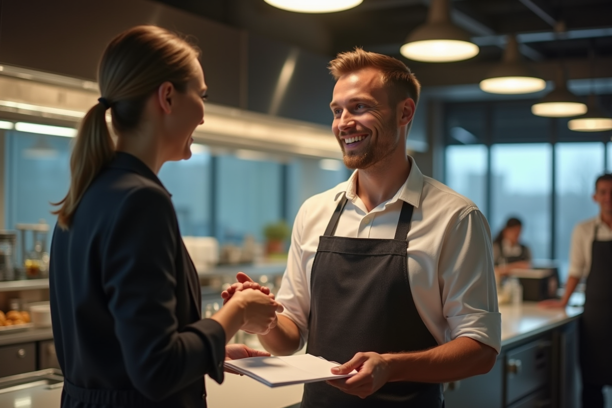 Plongeur souriant recevant son paiement dans une salle de repos