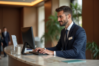Jeune réceptionniste français vérifiant une réservation à la réception