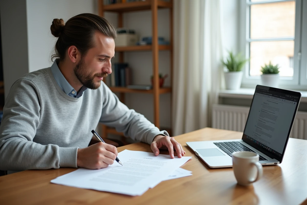 Homme rédigeant une lettre de rupture conventionnelle à son domicile avec documents administratifs