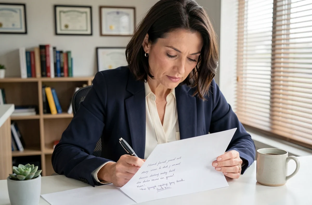 Femme rédigeant un message de départ manuscrit pour un collègue dans un bureau professionnel