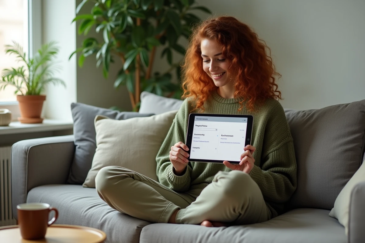 Jeune femme configurant les alertes et notifications de son compte myPrimobox sur une tablette dans son salon