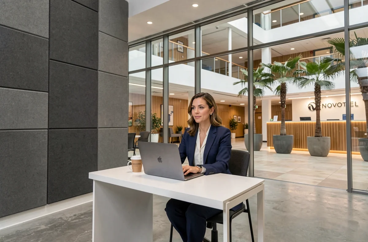 Espace de coworking Regus au Novotel de Charenton avec une professionnelle travaillant dans un cadre hôtelier moderne et élégant
