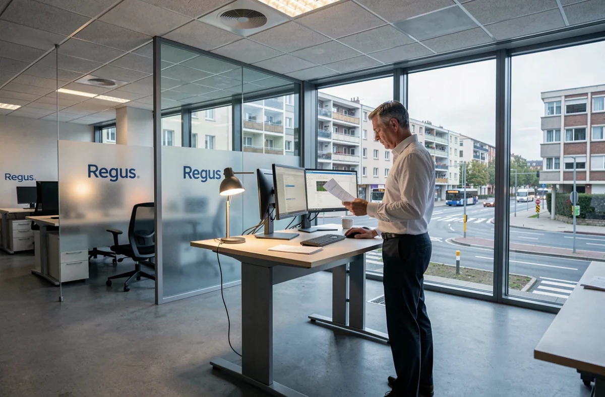 Bureau en flex-office au Regus Gabriel Péri avec un professionnel debout à son poste de travail dans un immeuble de bureaux moderne