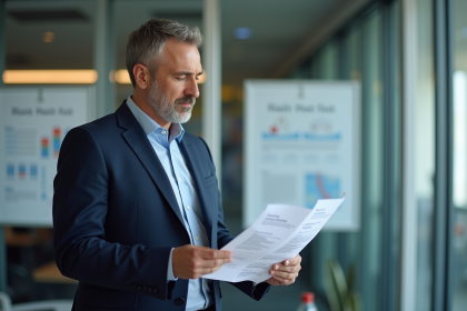 Manager en costume bleu examinant une checklist de risque au bureau