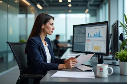 Responsable RH féminine travaillant sur un logiciel de gestion RH à son bureau en open space dans un environnement corporate moderne
