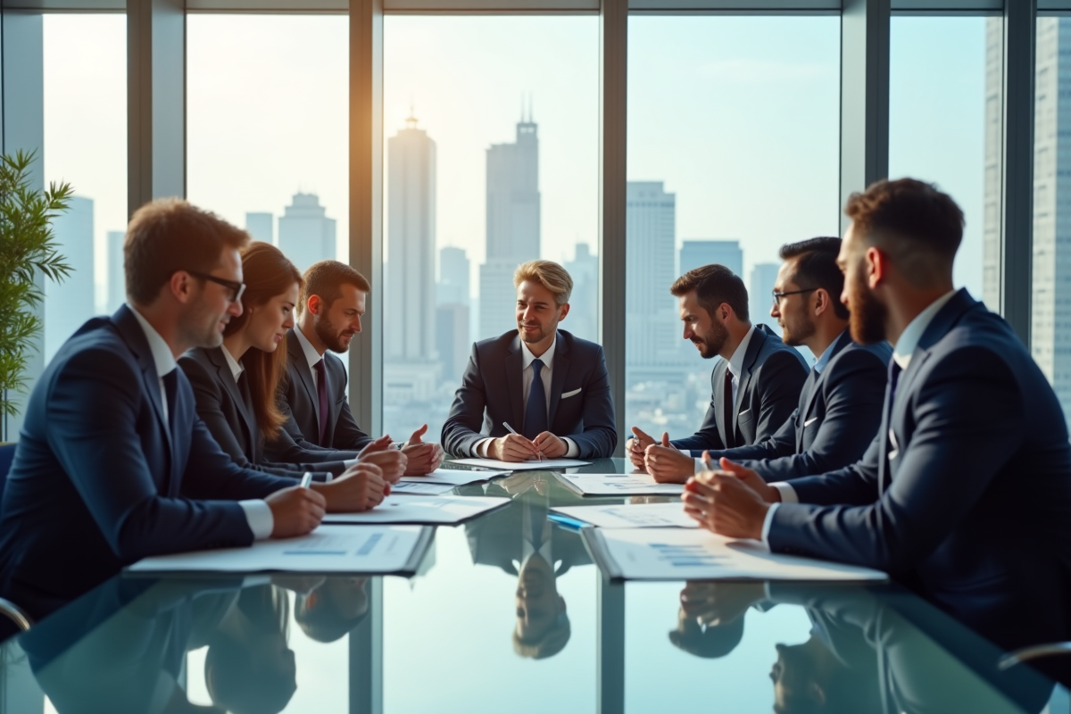 Groupe de professionnels discutant de documents financiers en réunion