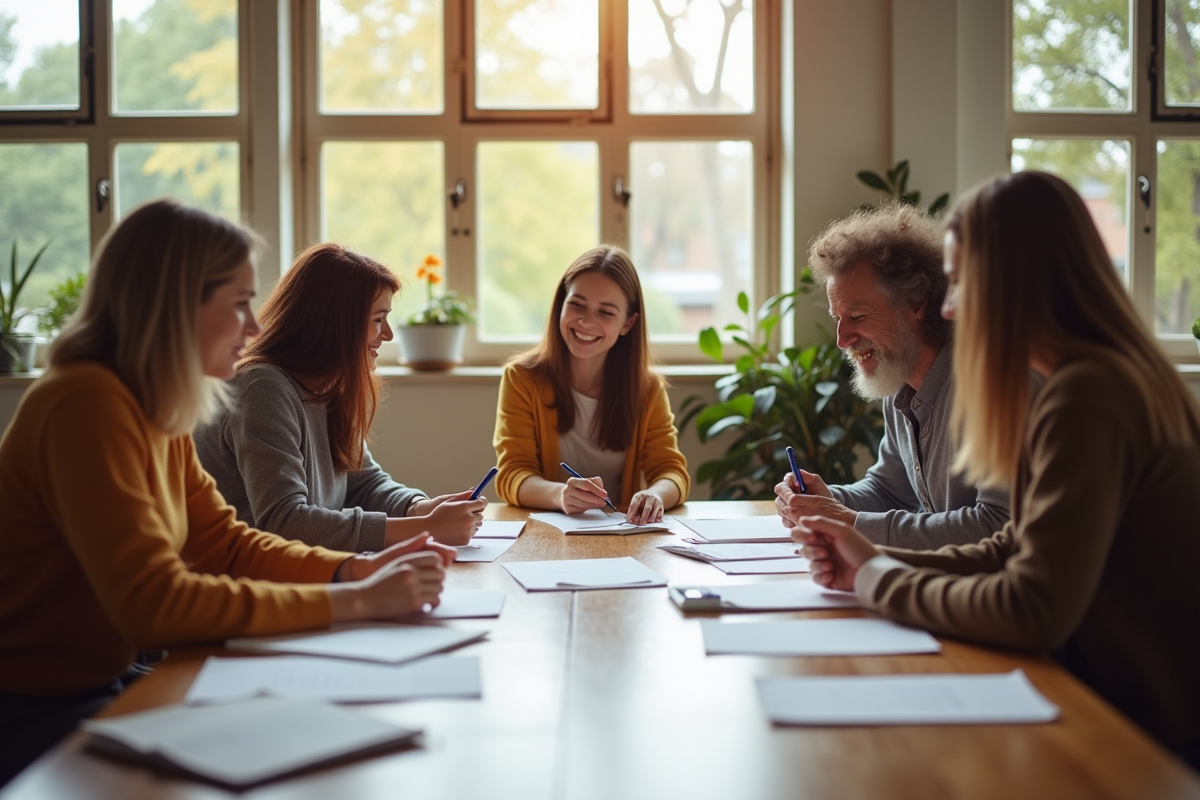 Groupe de personnes discutant autour d une table dans un centre communautaire