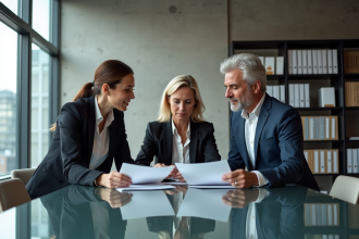 Trois professionnels en réunion dans un bureau moderne