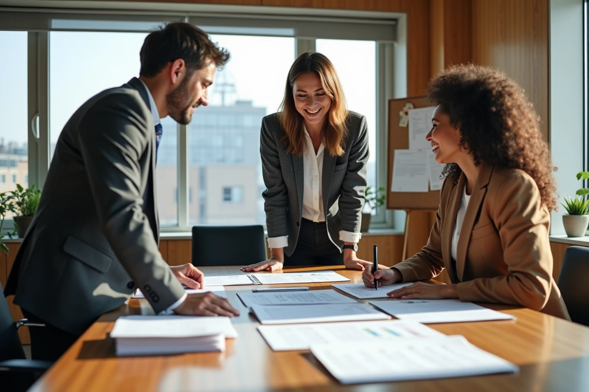 Trois coll&egrave;gues discutant autour d une table de r&eacute;union ensoleill&eacute;e