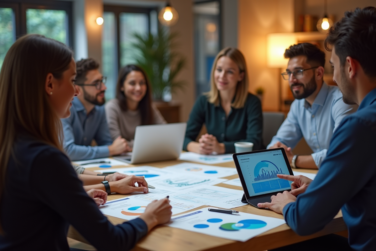 Equipe en réunion dans un espace de coworking lumineux avec rapports analytiques
