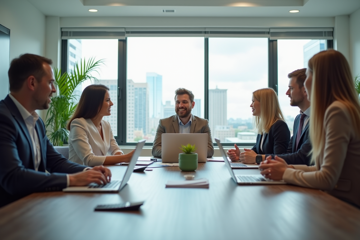 Groupe de professionnels discutant de stratégies dans une salle lumineuse
