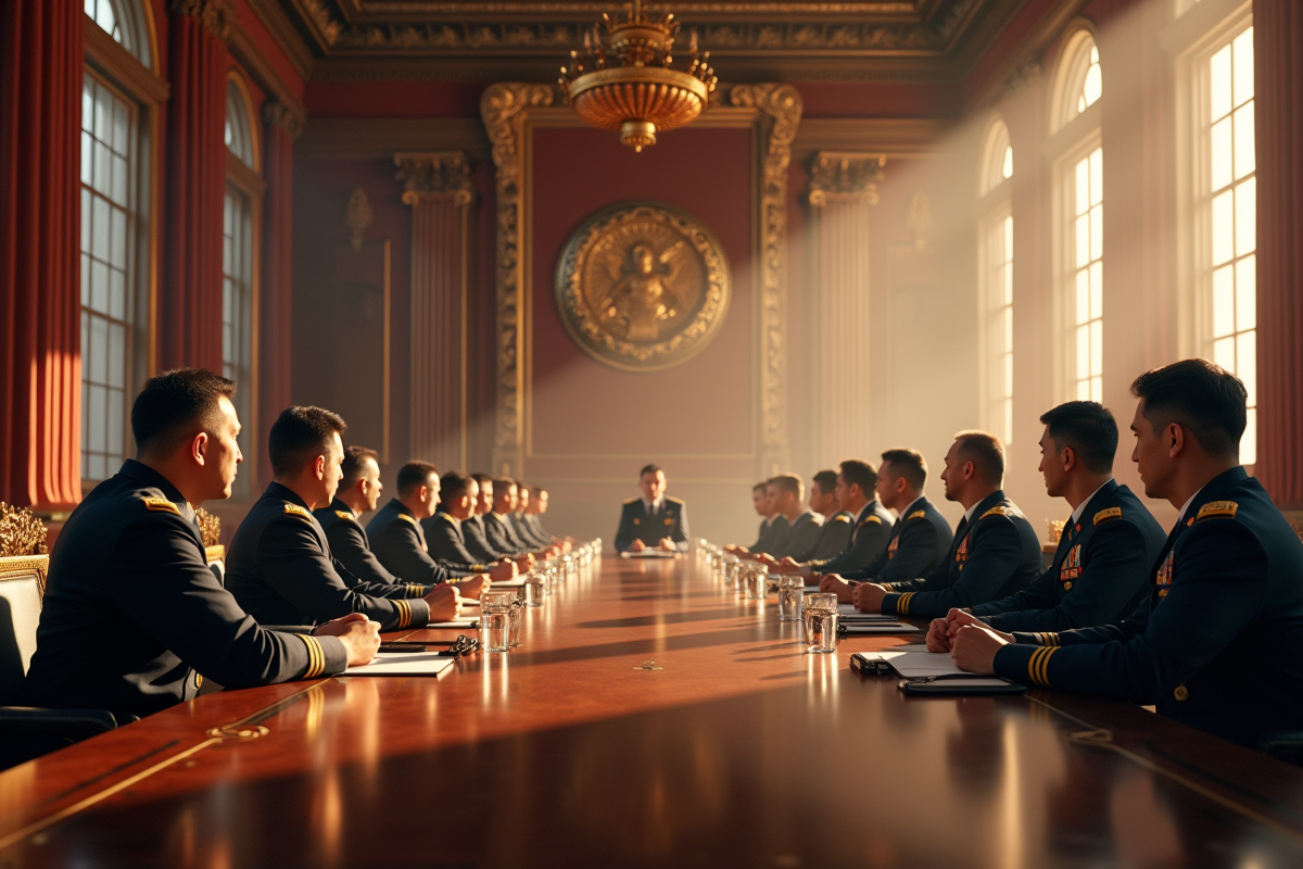 Réunion officielle dans une grande salle impériale avec officiers