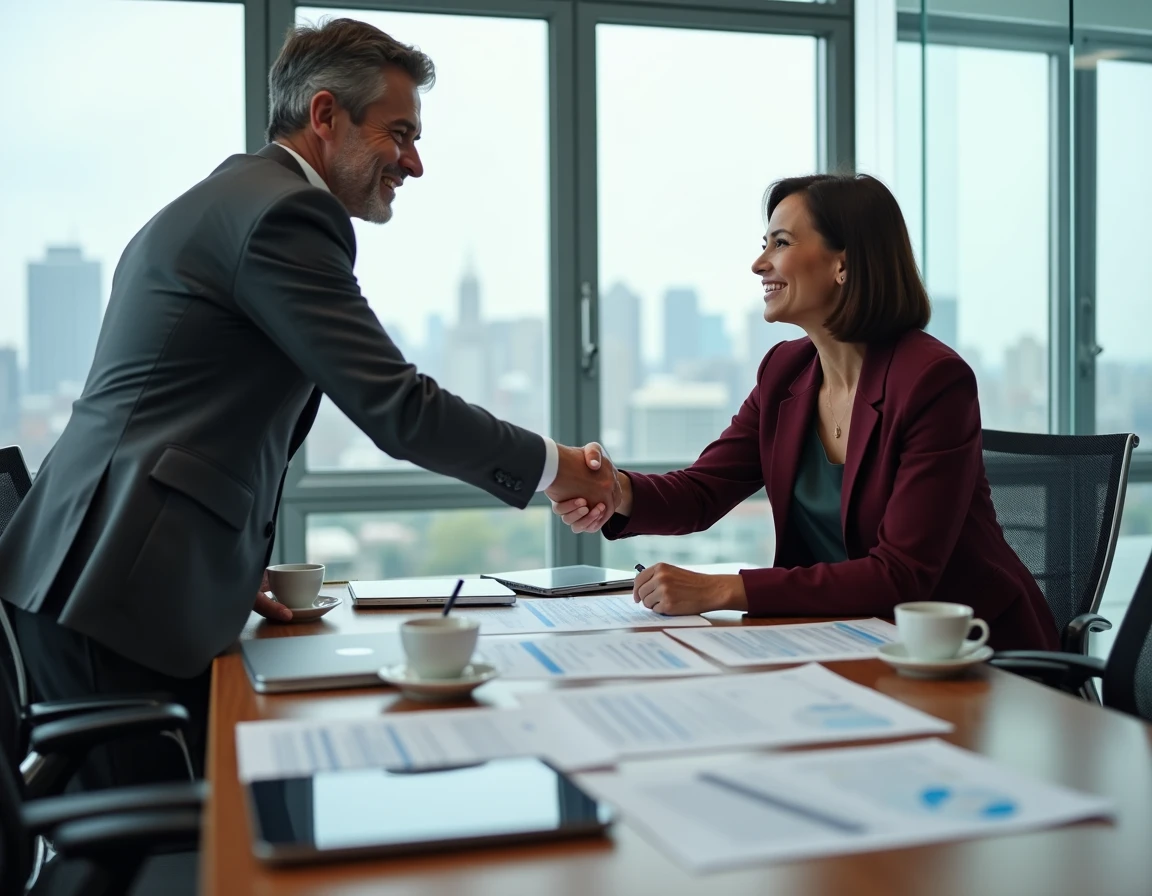 Deux professionnels signant un accord de networking B2B autour de documents budgétaires dans une salle de réunion contemporaine