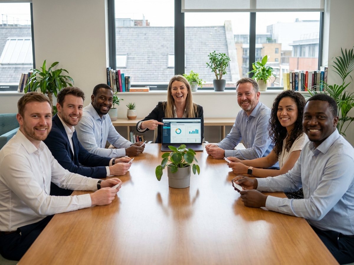 Groupe de professionnels discutant autour d