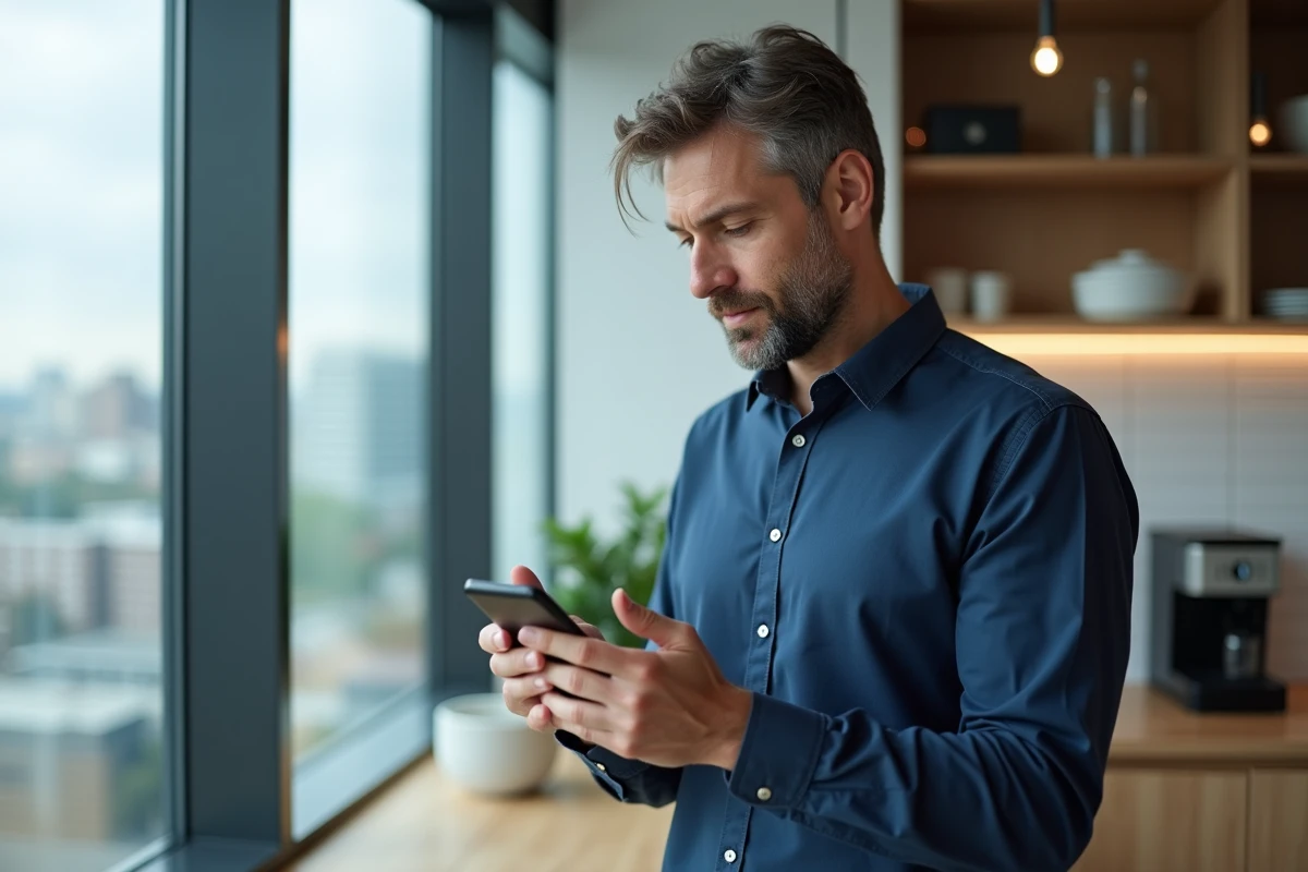 Un salarié utilise le portail RH Alis BNP Paribas sur son smartphone dans une salle de pause d'entreprise