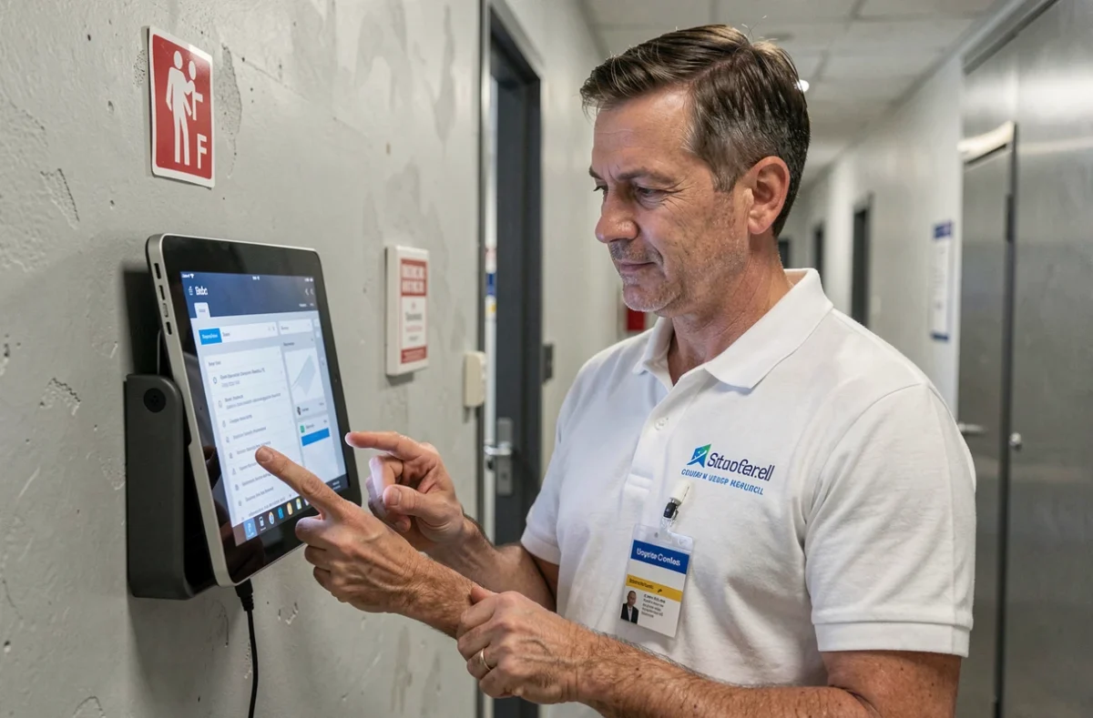 Salarié boulangerie utilisant une tablette murale pour accéder à l'intranet Marie Blachère en couloir de production