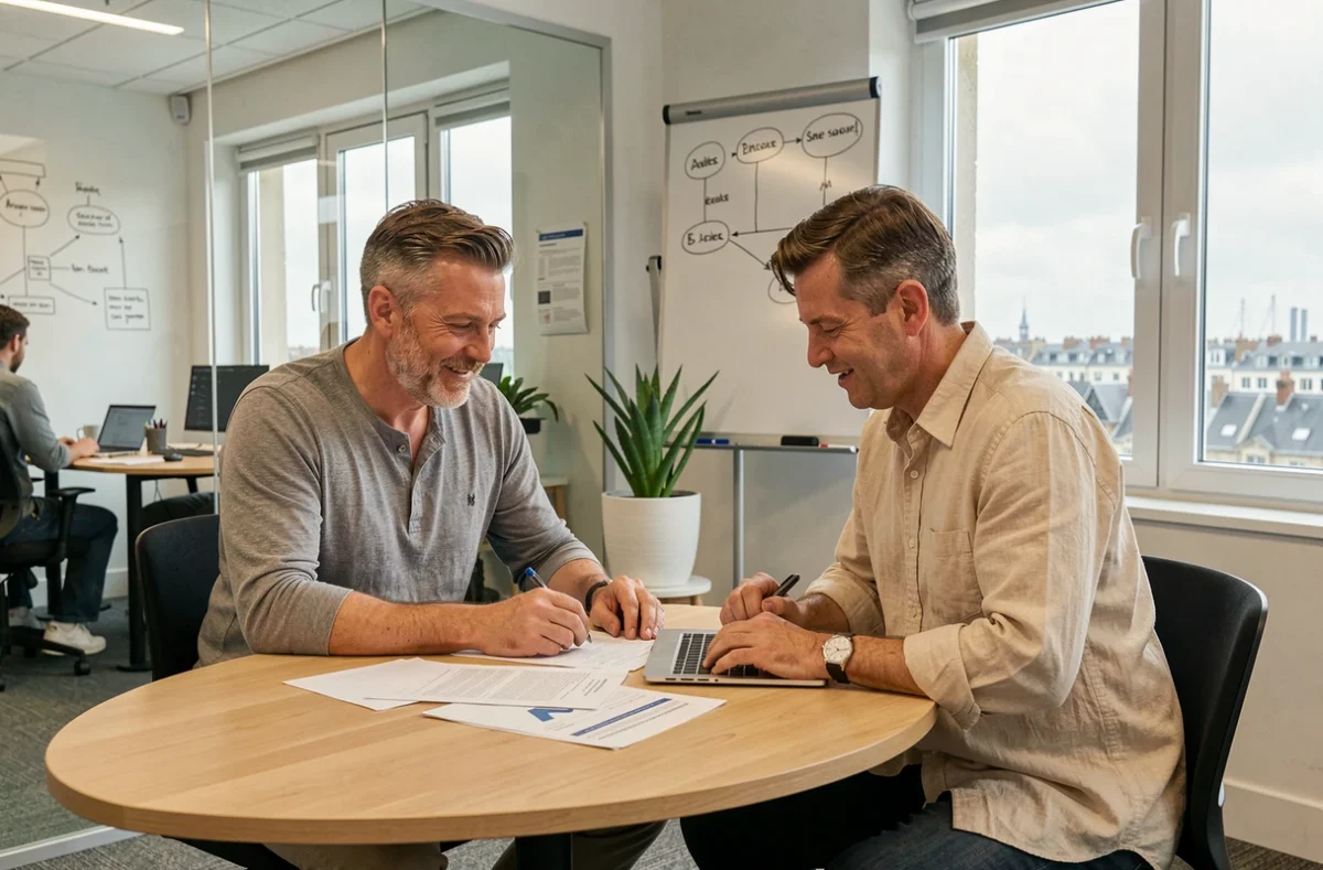 Deux professionnels en réunion dans une salle de travail d'un coworking à Boulogne-sur-Mer