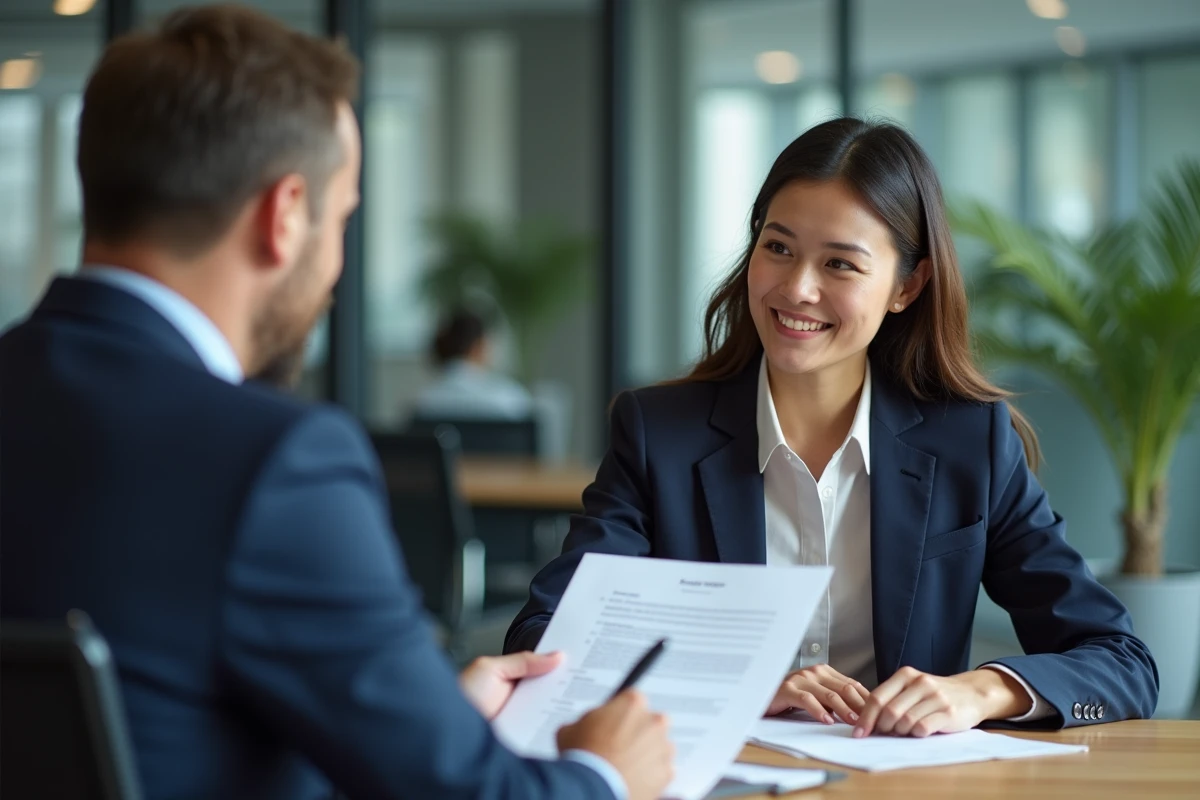 Femme et responsable RH signant une rupture conventionnelle CDI dans un bureau d'entreprise moderne