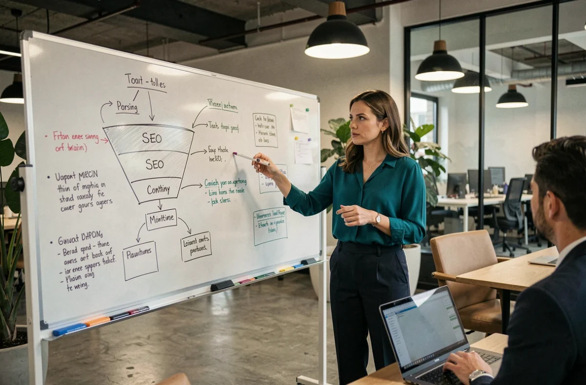 Stratège SEO de Staenk expliquant une stratégie de référencement sur un tableau blanc dans une salle de réunion d'agence