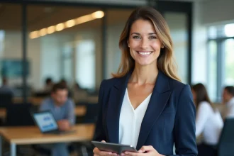 Femme professionnelle consultant un tableau de bord de prix et budget B2B sur tablette dans un espace de coworking moderne