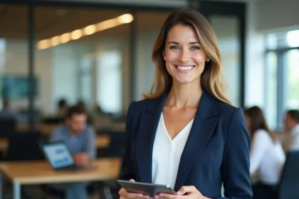 Femme professionnelle consultant un tableau de bord de prix et budget B2B sur tablette dans un espace de coworking moderne