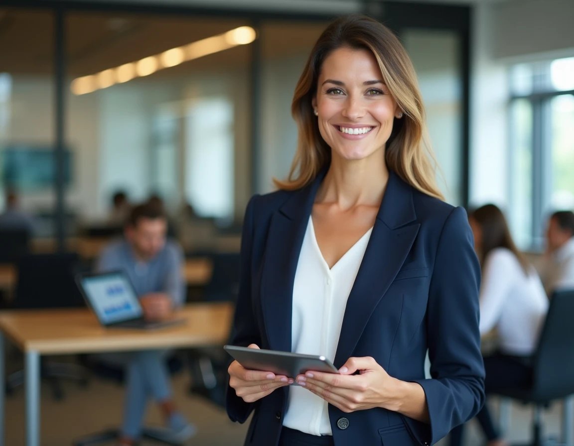 Femme professionnelle consultant un tableau de bord de prix et budget B2B sur tablette dans un espace de coworking moderne