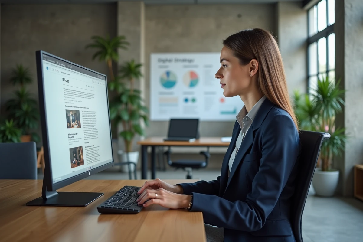 Femme professionnelle analysant une stratégie digitale sur un blog depuis son bureau moderne