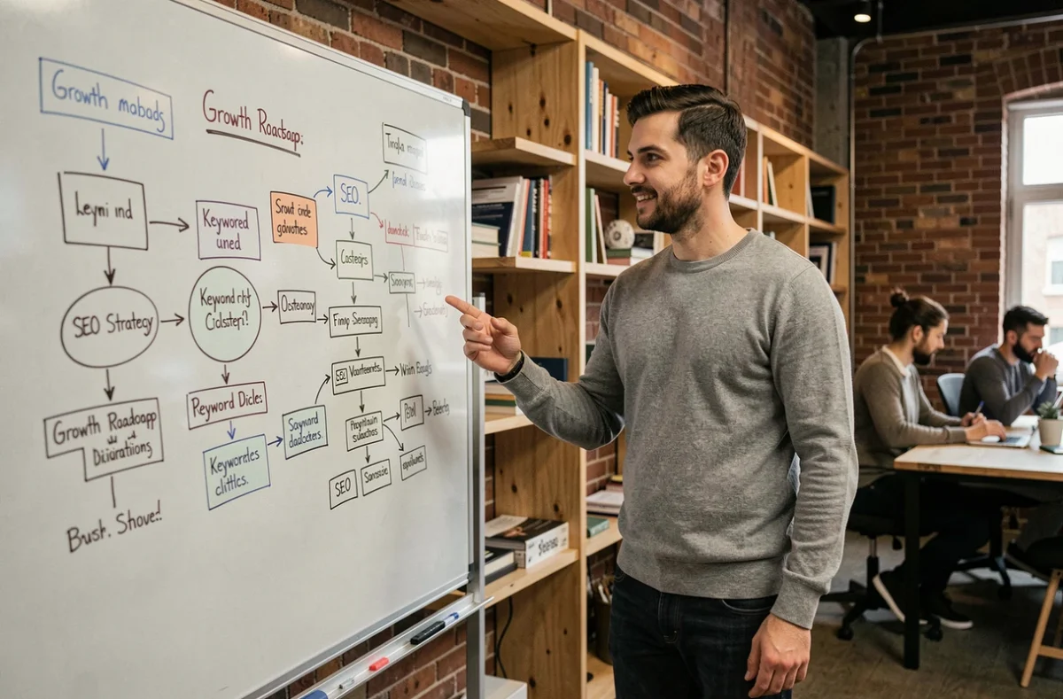 Entrepreneur expliquant une stratégie SEO sur un tableau blanc dans un espace de coworking, symbolisant la planification d'une croissance digitale avec un accompagnement spécialisé