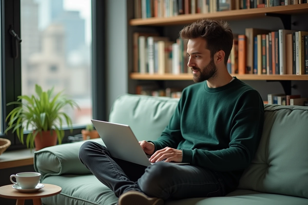 Homme structurant sa stratégie digitale avec un blog depuis un espace de travail à domicile