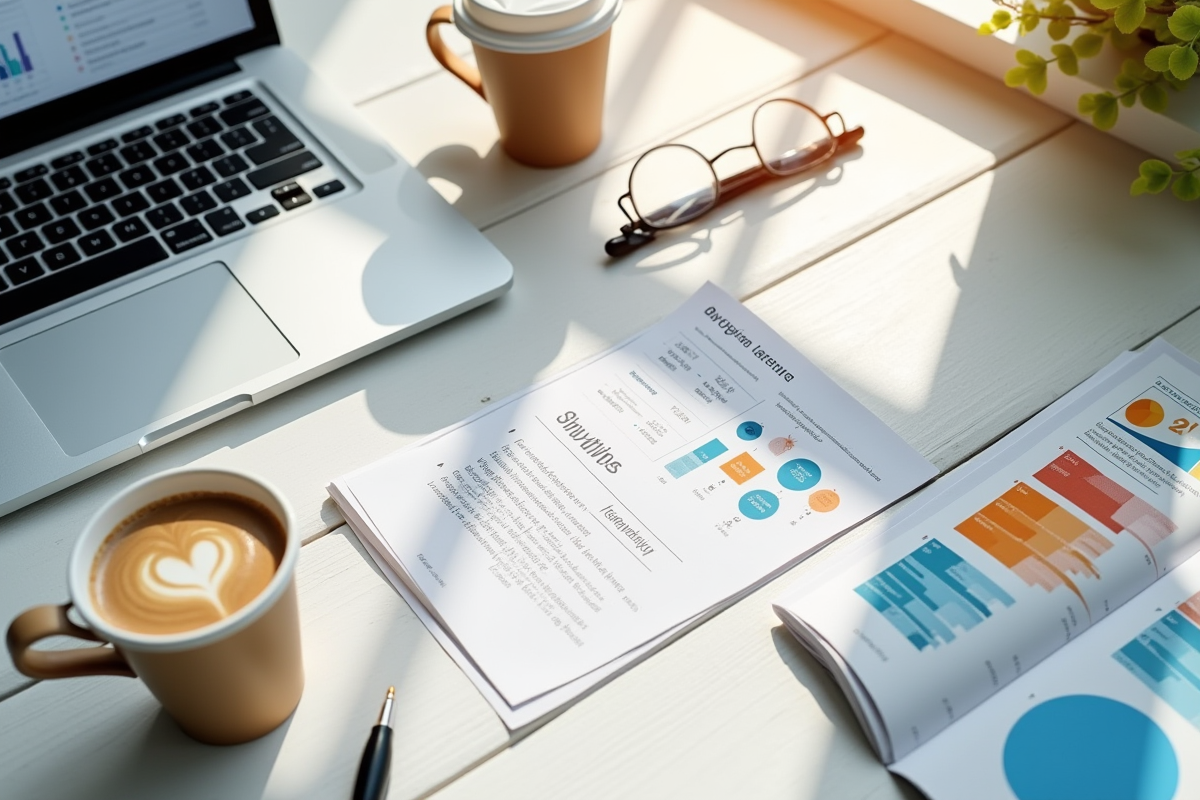 Plan de table avec café ordinateur et magazines colorés