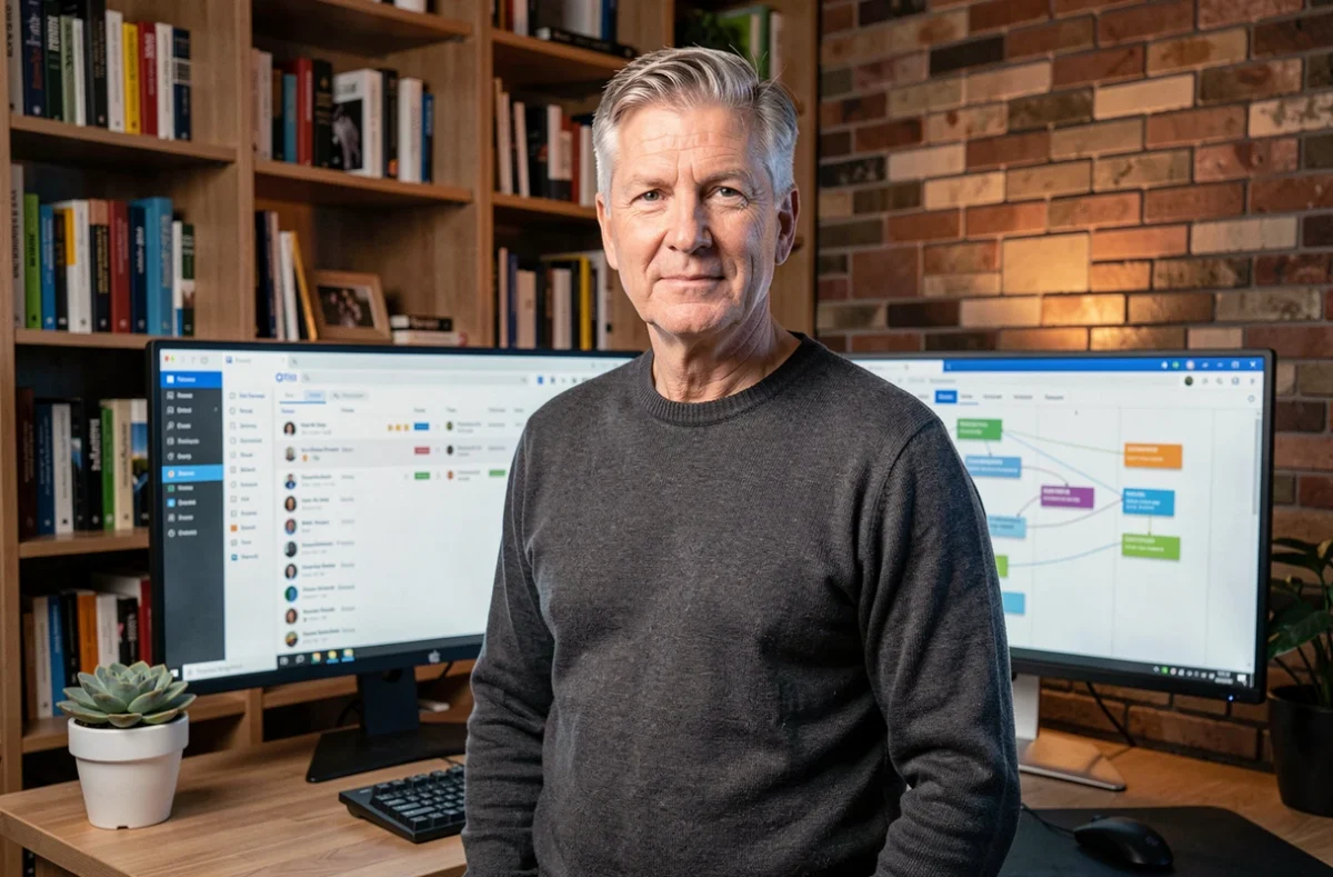 Professionnel en télétravail gérant simultanément un CRM et un tableau de bord de gestion de projet sur double écran depuis son bureau à domicile