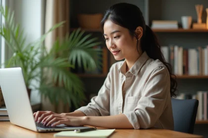 Femme en télétravail consultant des documents sur son ordinateur portable dans un bureau à domicile sécurisé