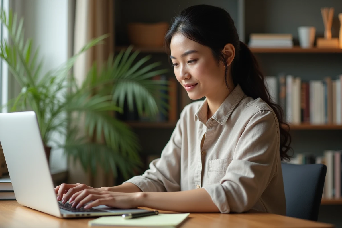 Femme en télétravail consultant des documents sur son ordinateur portable dans un bureau à domicile sécurisé