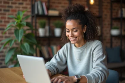 Femme utilisant une plateforme numérique moderne sur son ordinateur portable dans un bureau à domicile contemporain