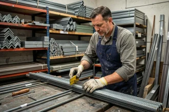 Employé de quincaillerie mesurant des barres de fer en petites quantités dans un magasin de vente au détail