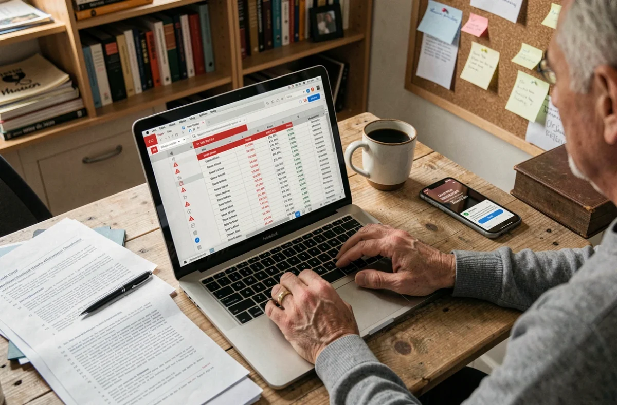 Des mains hésitant au-dessus d'un ordinateur portable affichant des données financières suspectes liées au portage salarial, sur un bureau à domicile