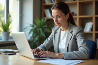 Femme professionnelle vérifiant un numéro de SIRET sur un site officiel depuis son bureau