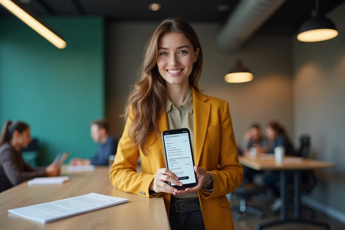 Jeune femme vérifiant un numéro SIRET sur smartphone dans un espace de coworking moderne