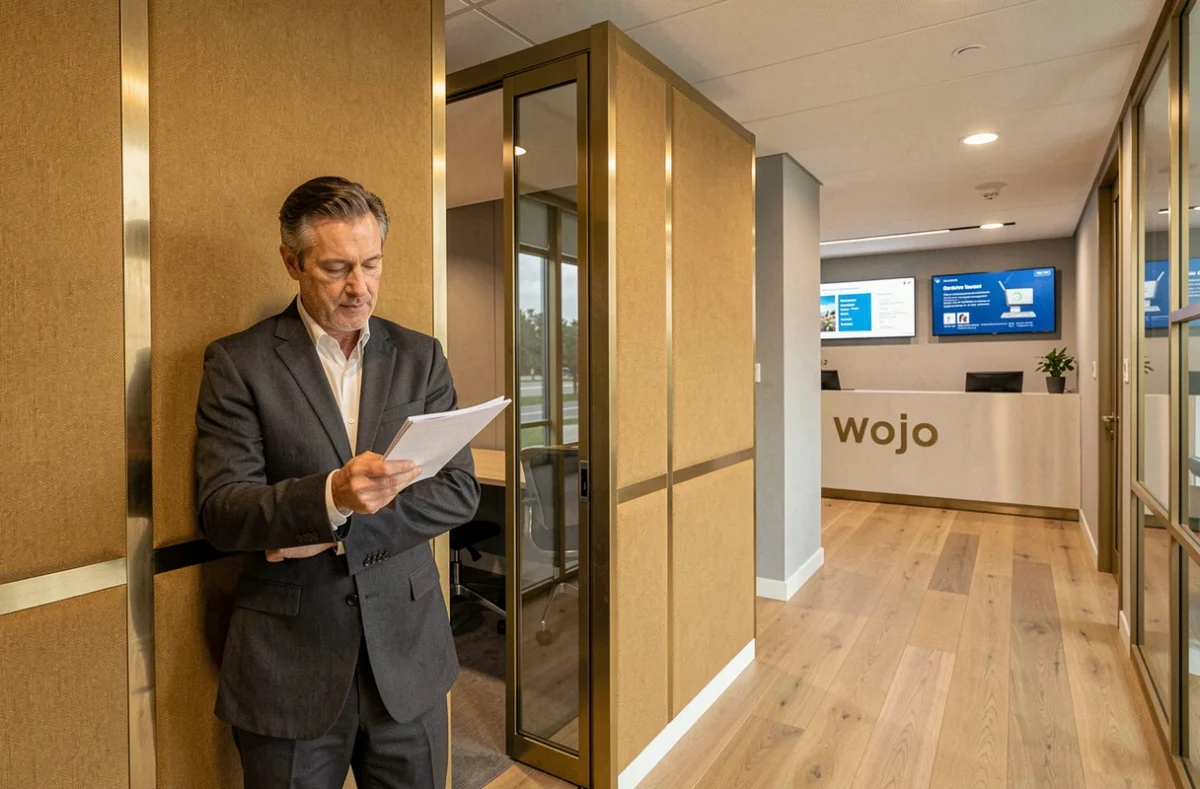 Wojo Créteil, espace de coworking premium avec un cadre en costume dans une cabine de travail privatif aux finitions haut de gamme